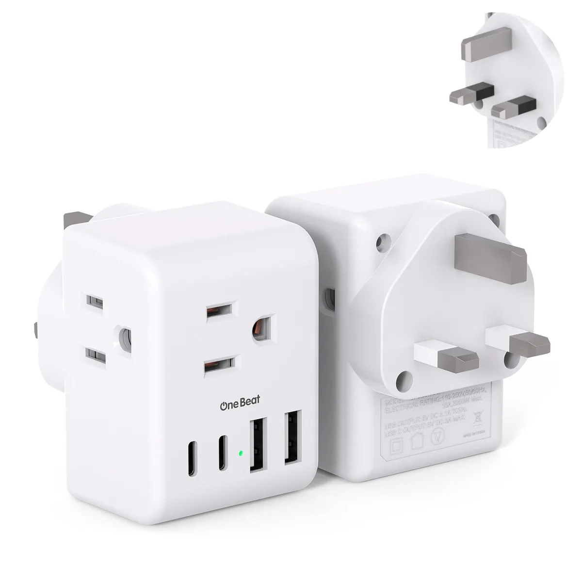 Two white Type G travel adapters with three AC outlets and four USB ports each