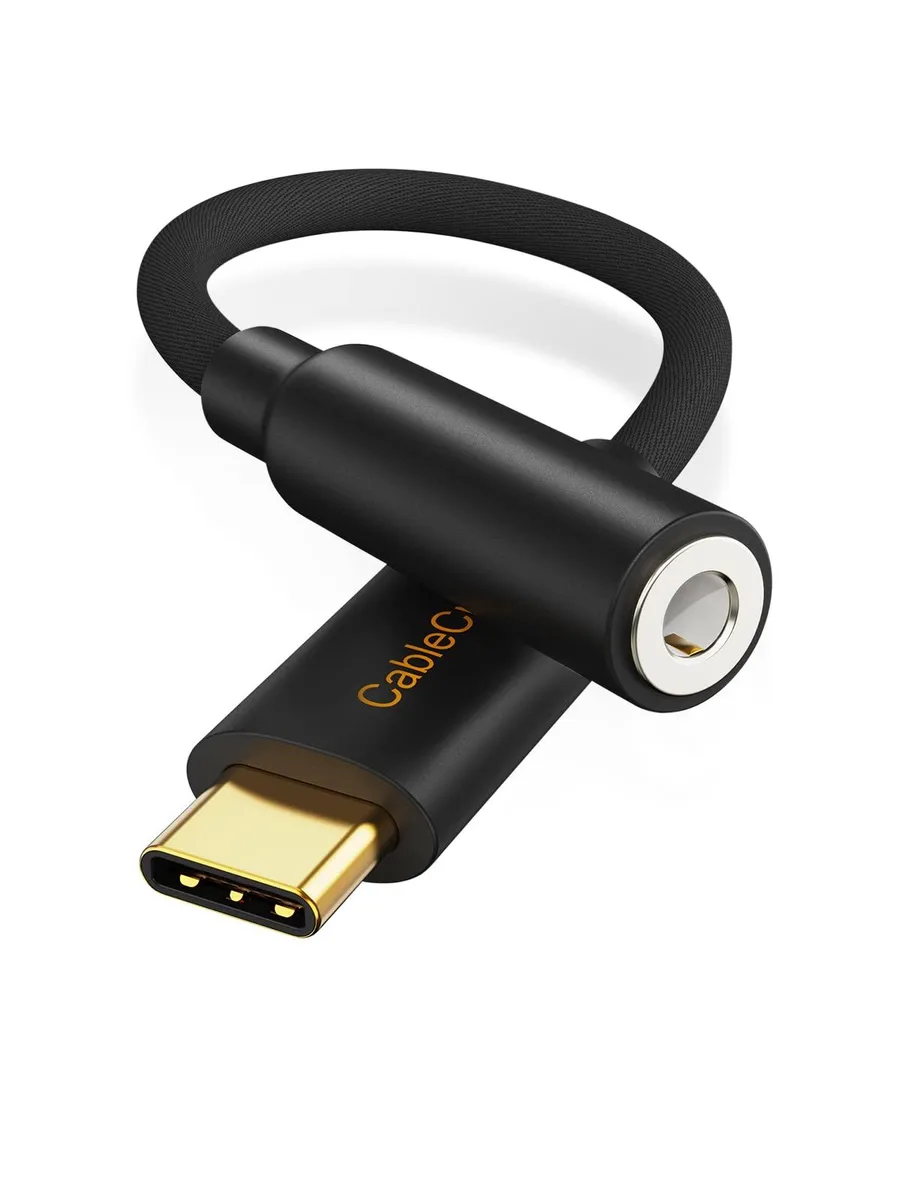 Black USB-C to 3.5 mm audio adapter with matte connectors and short cable