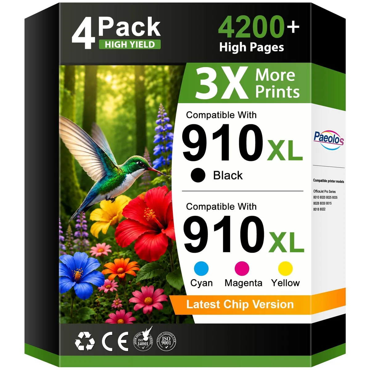 A rectangular box containing four sealed ink cartridges in black, cyan, magenta and yellow