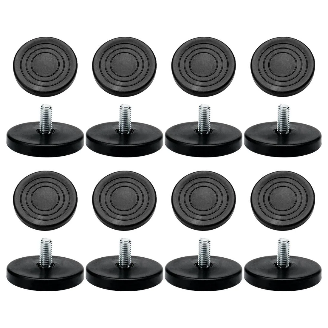 Sixteen M8 adjustable leveling feet with black plastic bases and threaded metal stems