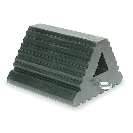 Black rubber wheel chock with grooved tread and eye bolt
