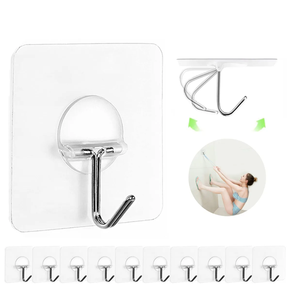 Clear adhesive wall hooks, 12 pack, stainless steel and PVC, 2.48 inch square