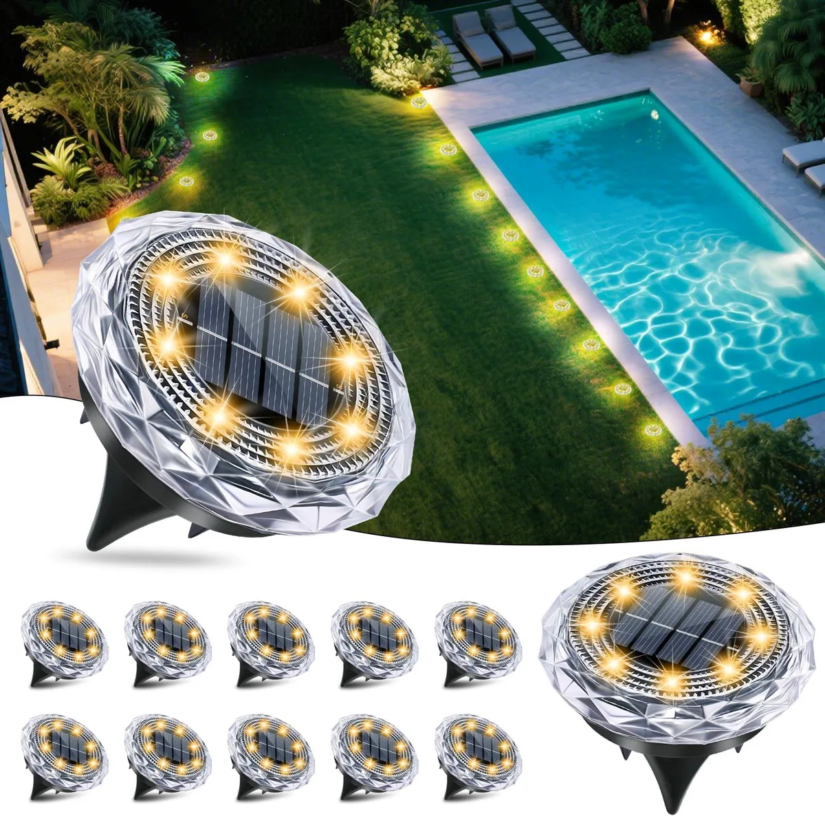 Two black stainless steel disc lights with diamond-cut lenses, 2.7 inches wide, 0.7 inches high
