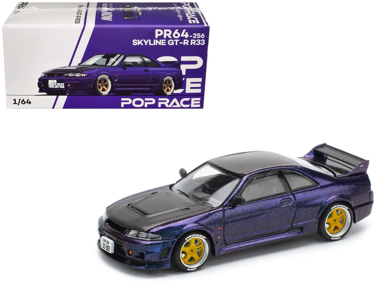 Pop Race Pop Race Skyline GT-R R33 RHD Midnight Purple Metallic Carbon Hood 1/64 Die Cast Model Car — product photo