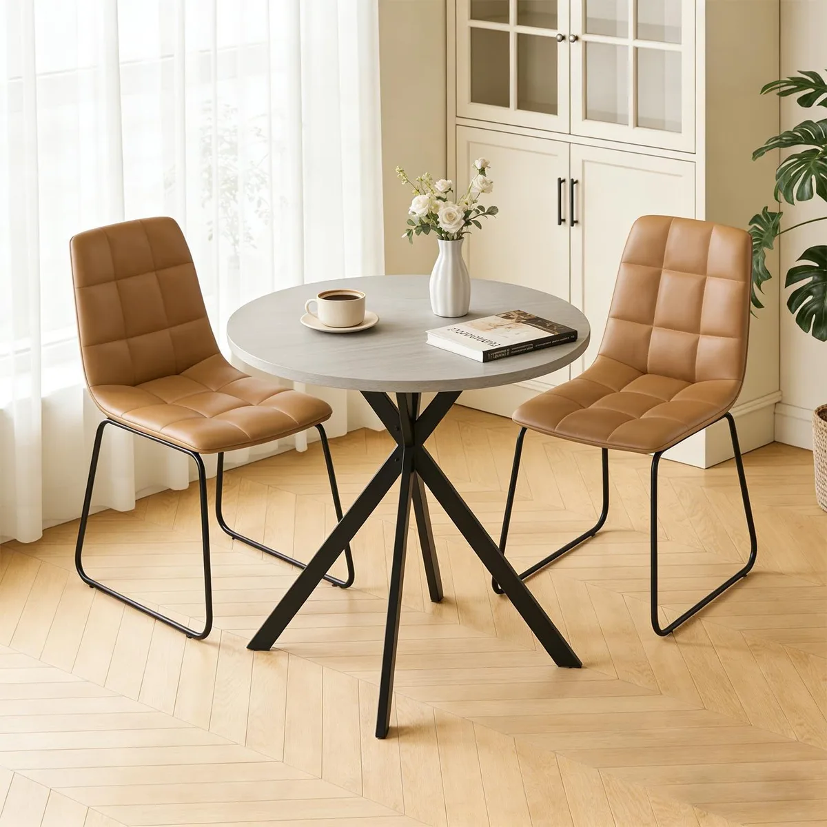 domusdisn domusdisn 31.5" Round Dining Set Gray Table Brown Chairs — product photo
