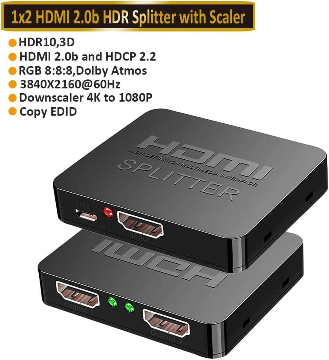 Compact black HDMI splitter box with one input and two output ports