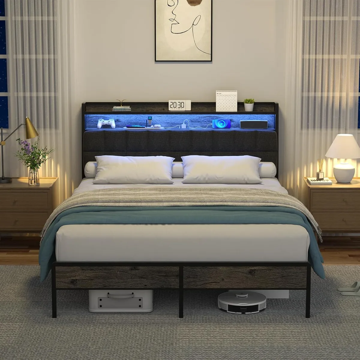Black metal queen bed frame with ergonomic headboard, storage shelves, RGB LED lighting and charging station