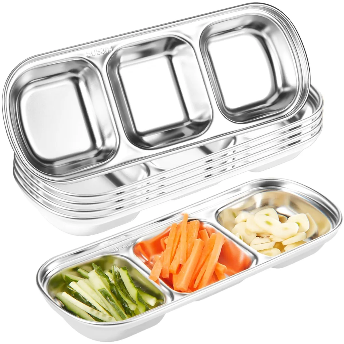 DNBeffulgent DNBeffulgent 6-Piece Stainless Steel 3-Compartment Sauce Dishes Silver — product photo