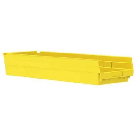 Yellow plastic shelf storage bin, rectangular, 23 5/8 inches long, molded label area