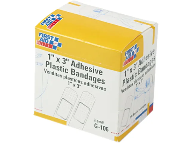 Box of 100 green and silver plastic adhesive bandages