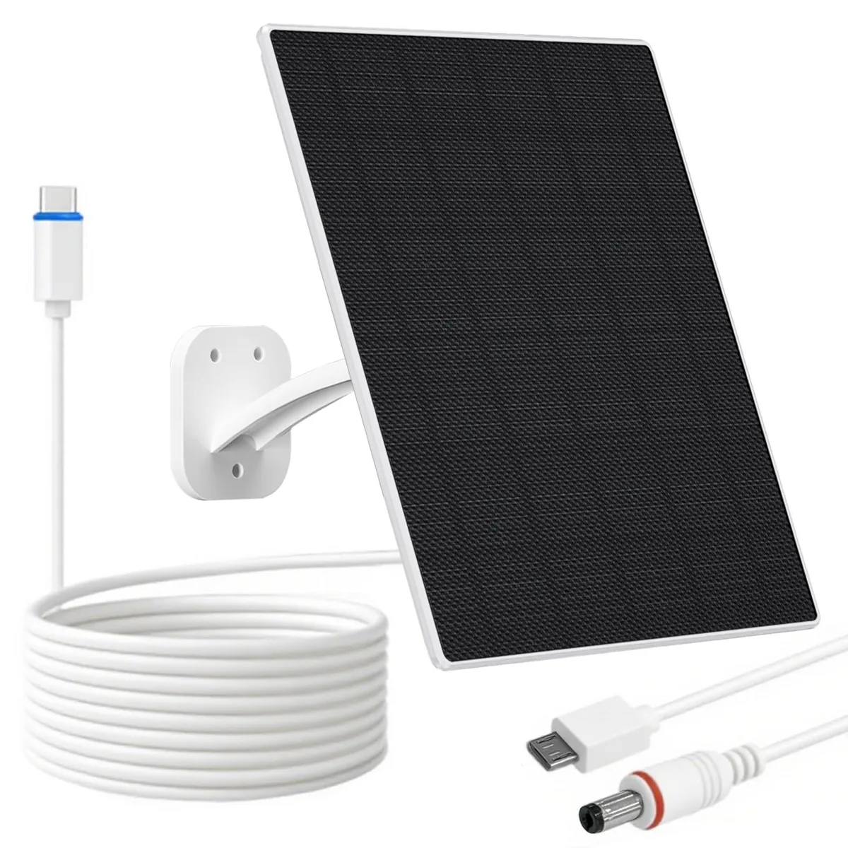 White rectangular solar panel with 360° adjustable mount and 7.2ft cable