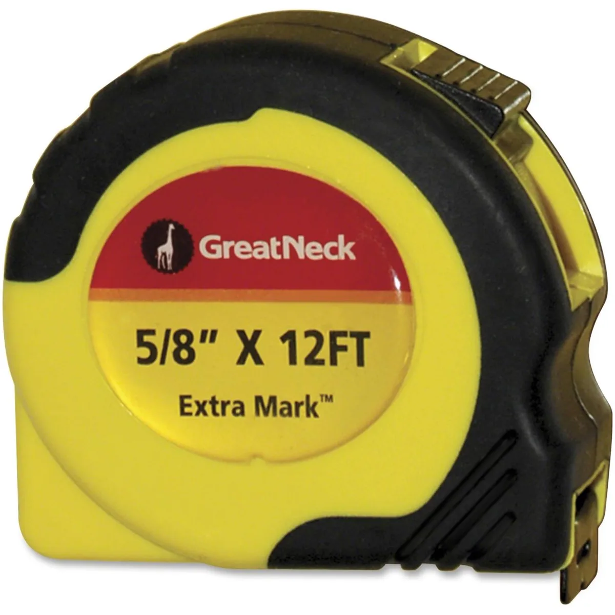Yellow and black tape measure with rubberized grip and belt clip