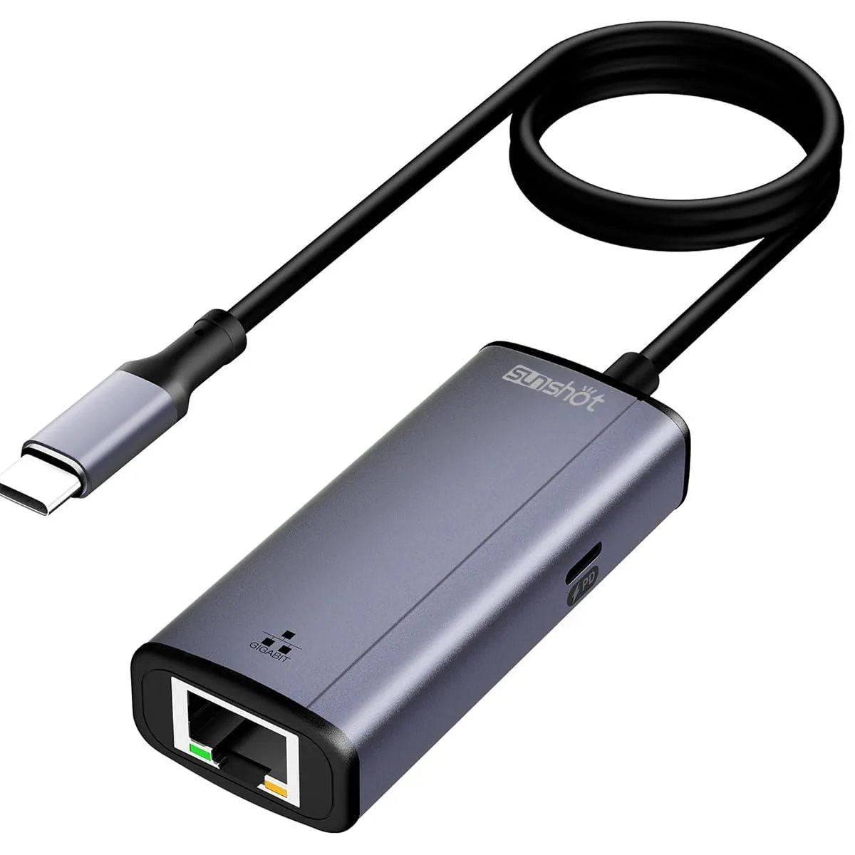 Grey 2-in-1 USB-C adapter with RJ45 port and PD charging pass-through
