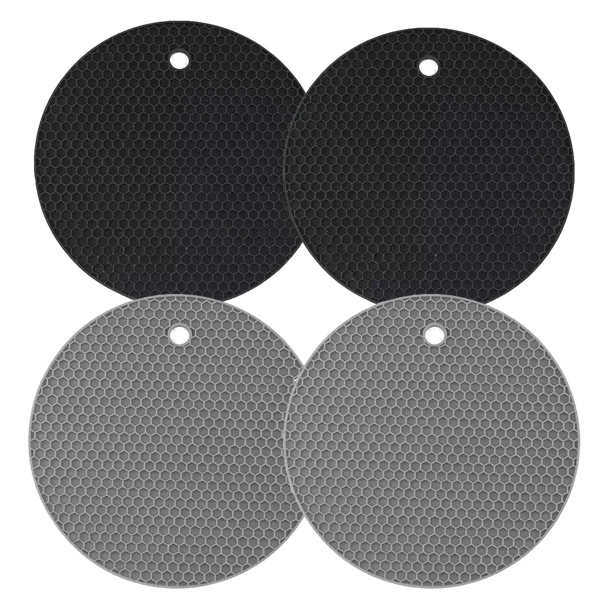 Four thin square silicone mats, two black and two grey, stacked flat with a subtle textured surface