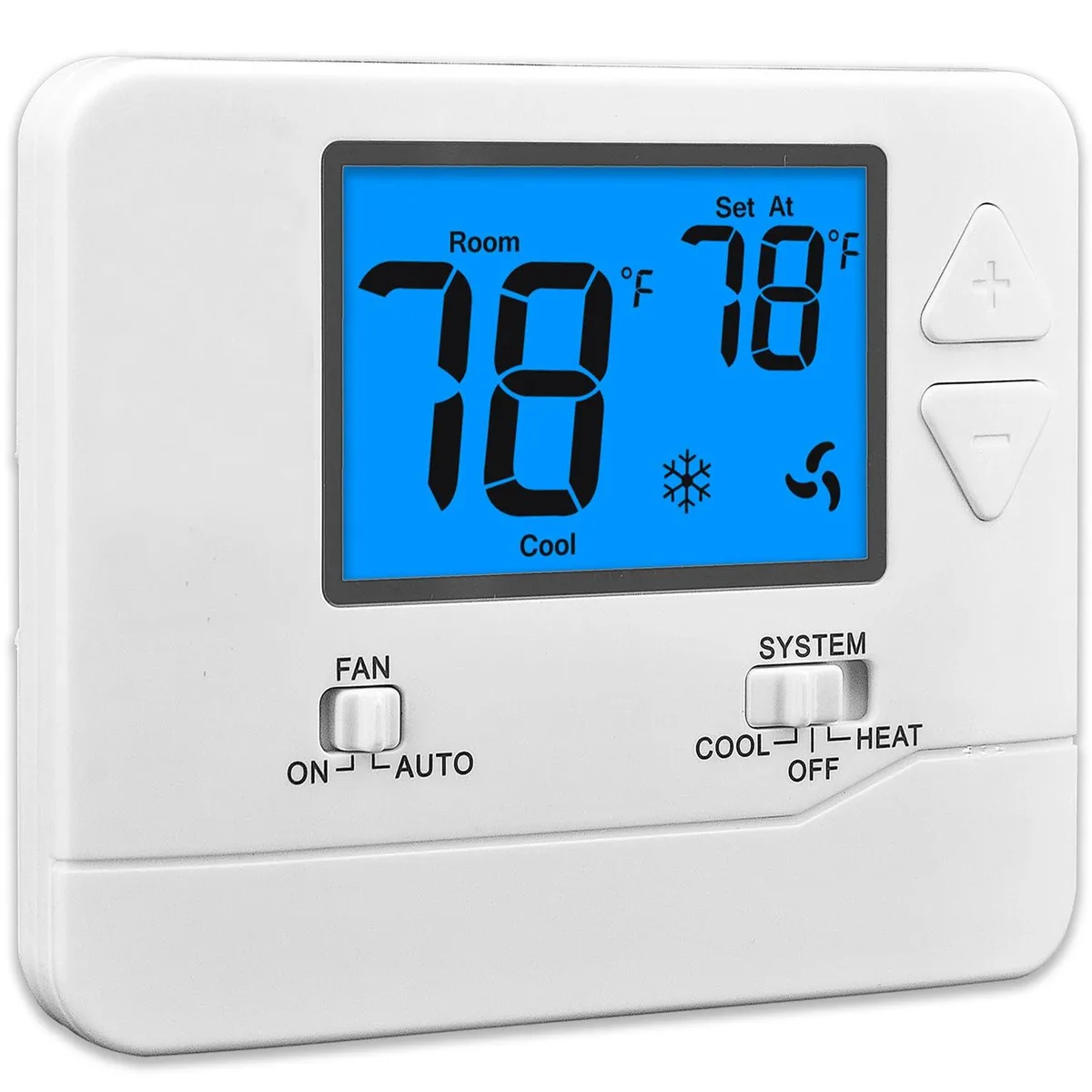 White rectangular thermostat with blue backlit display, wall-mount design, 12-pack