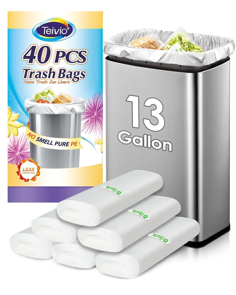 Teivio 13 Gallon Clear Trash Bags 40 Count Fit 50 Liters 10 12 13 Gal Light Duty — product photo