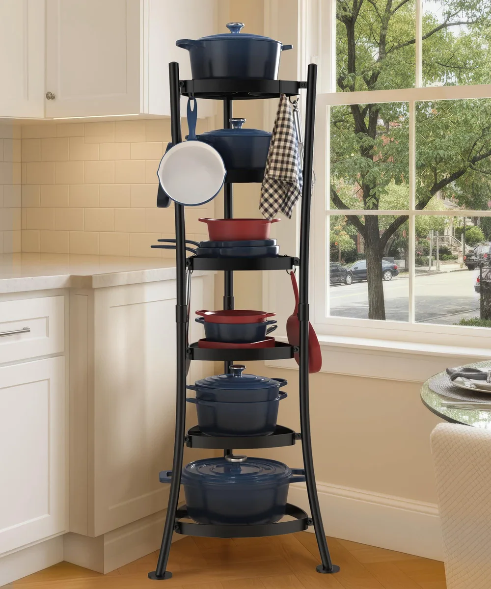 Black freestanding pot rack, six round tiers and six hooks, wide tripod base with floor pads