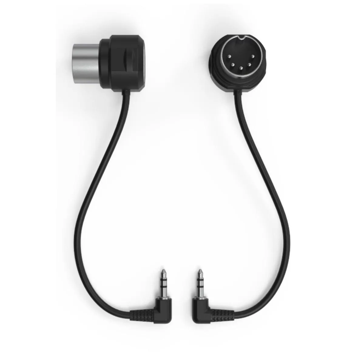 Two short black 10 cm MIDI cables with 2.5 mm TRS to 5-pin DIN connectors