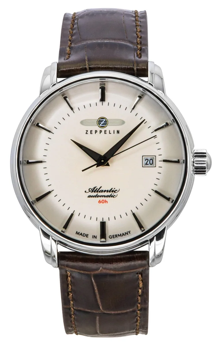 Round beige-dial automatic watch in stainless steel case with leather strap and buckle clasp