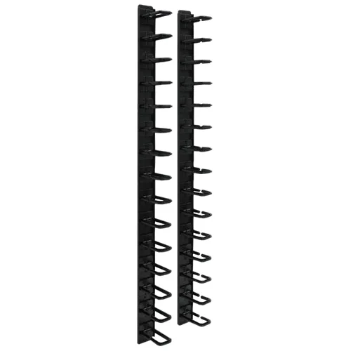 Black vertical cable manager with ring cutouts, two three-foot steel sections, tool-less button mounts
