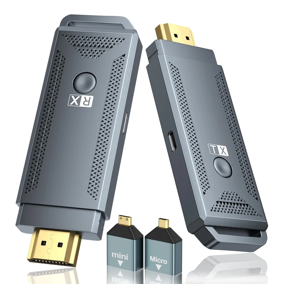 Black wireless HDMI transmitter and receiver pair with HDMI ports and USB power cables