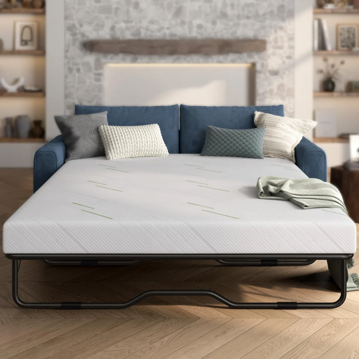 White rectangular gel memory foam mattress folded for sofa bed, 72 by 58 by 4 inches