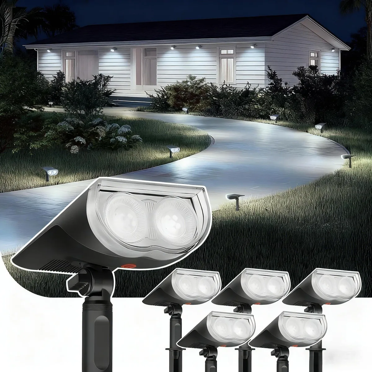 Two matte-black resin solar spotlights with adjustable panels and ground stakes