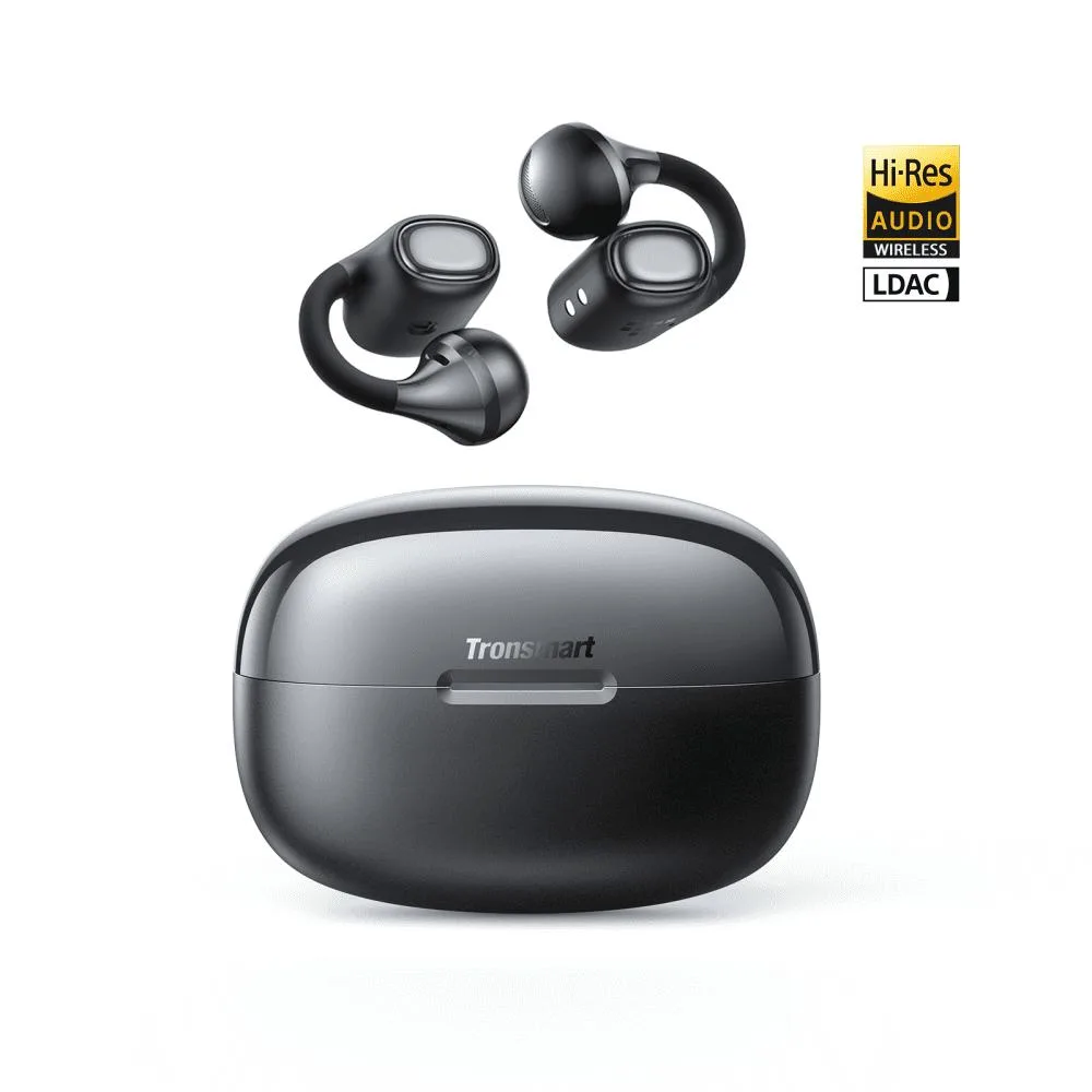 Black open-ear clip-on earbuds with charging case