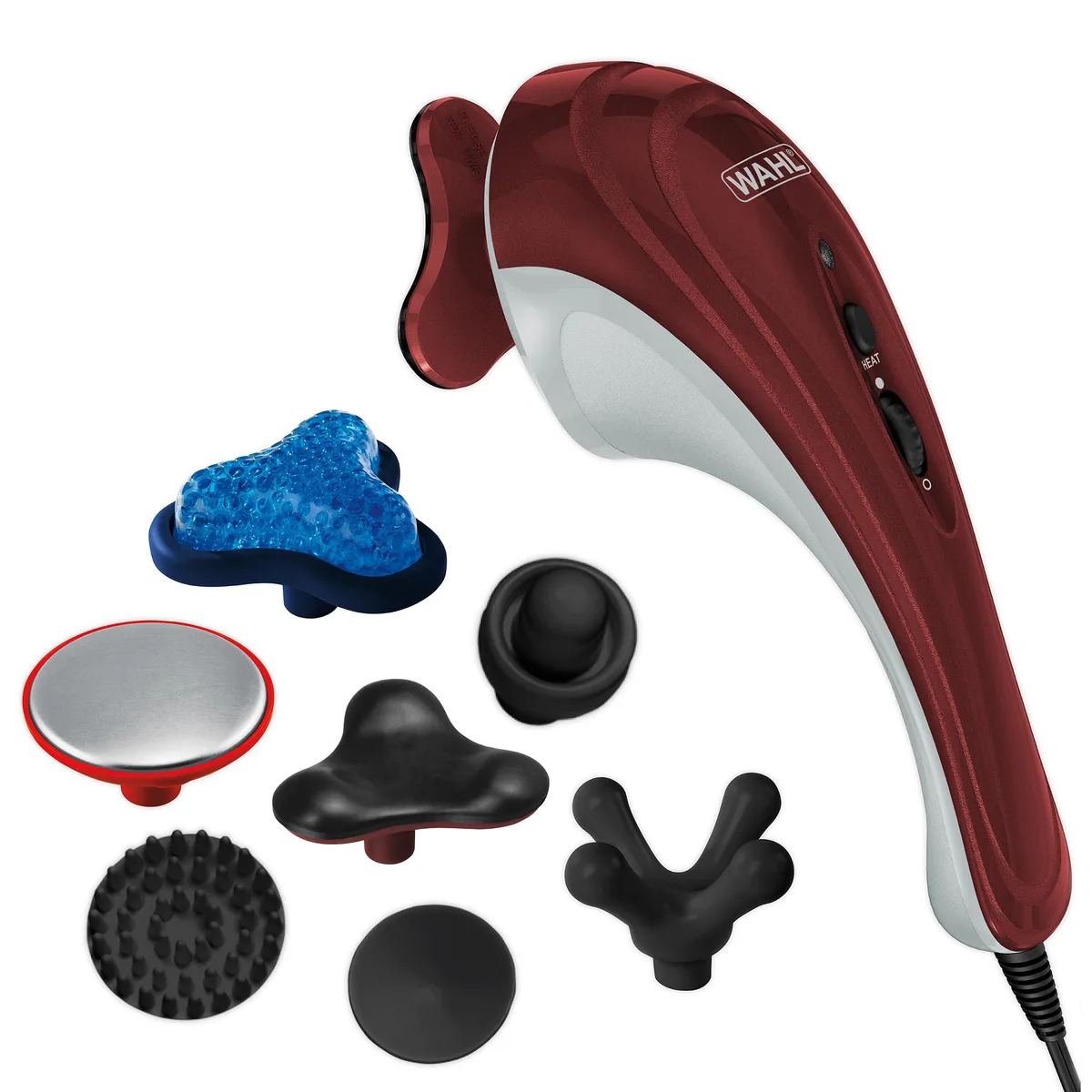 Red handheld vibratory massager with hot and cold attachments, 11 inches long, corded electric