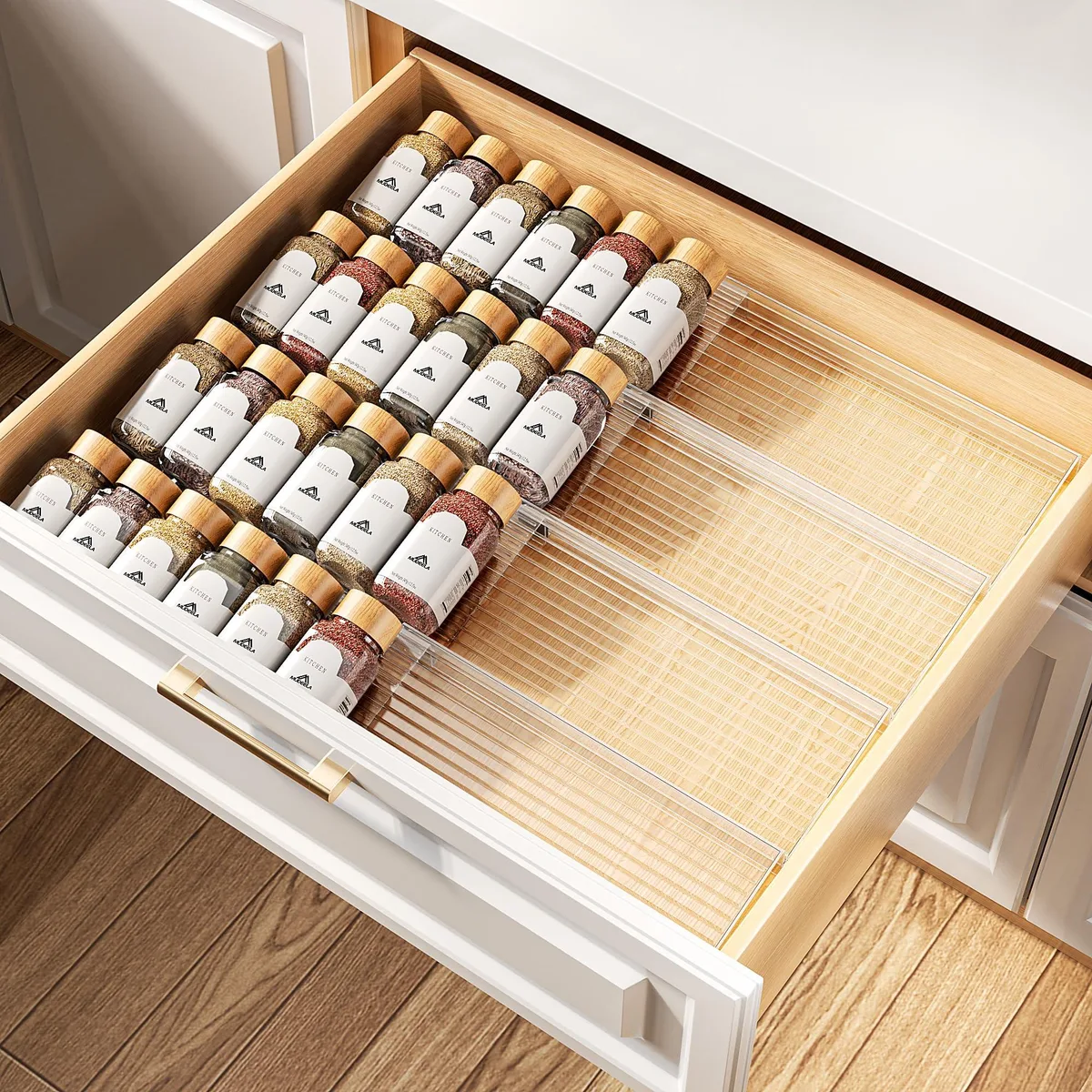 Eight clear plastic spice drawer organizers expandable from 11 to 22 inches
