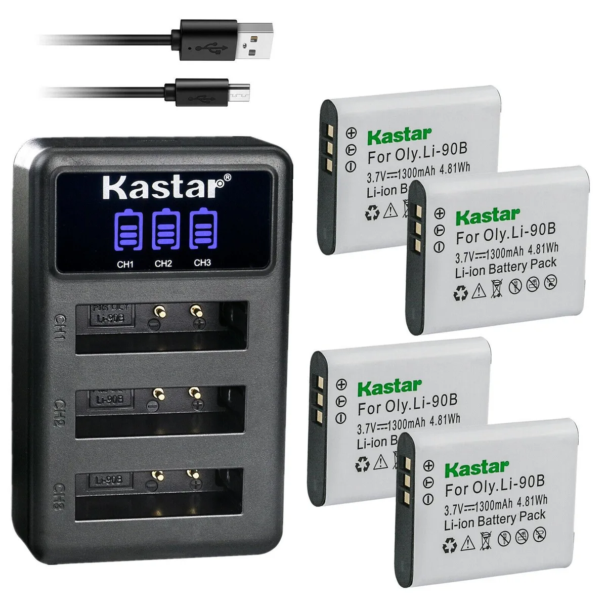 Kastar Kastar LI-90B 4 Pack Battery &amp; LCD Triple USB Charger — product photo