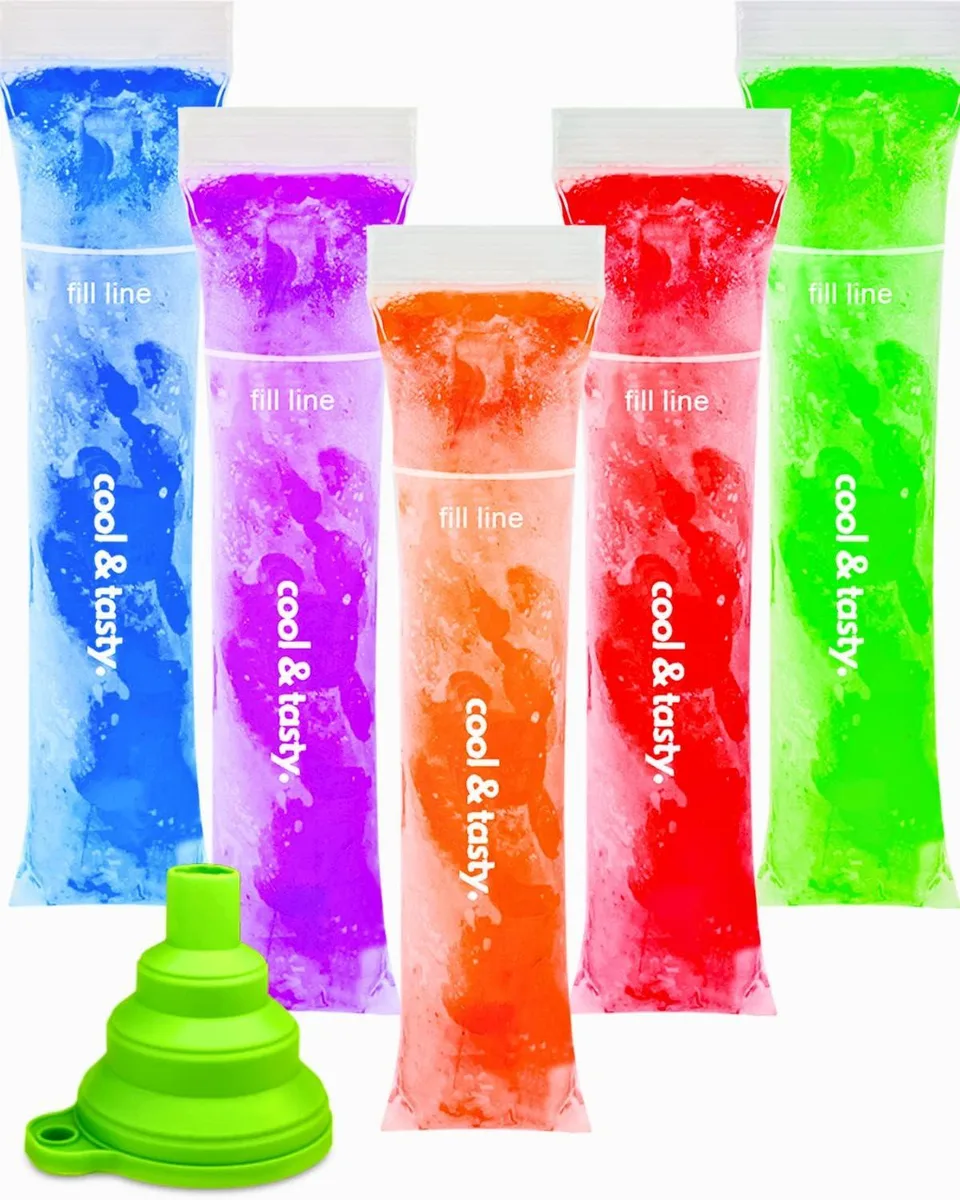 Red rectangular popsicle bags with zip seals and funnel, 150 count