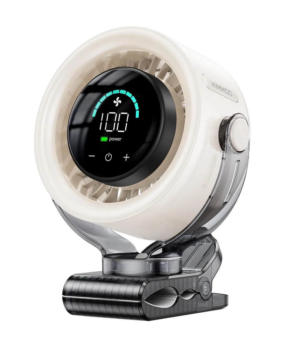 White clip-on fan with painted ABS housing and seven blades, 6.26 by 2.78 by 7.45 inches