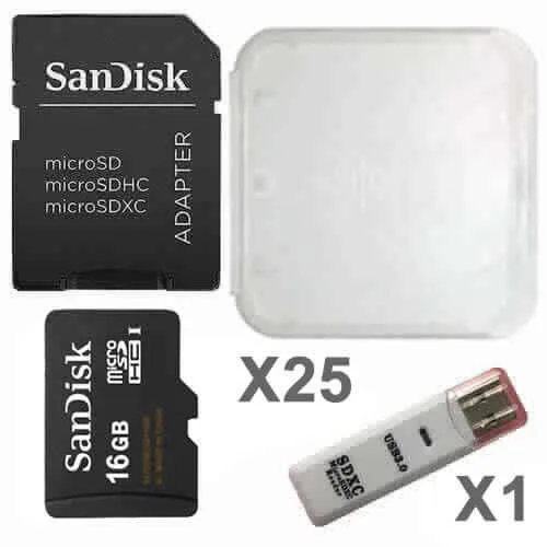 SanDisk SanDisk 16GB microSDHC Class 4 Kit of 25 with SD Adapters and USB Reader — product photo
