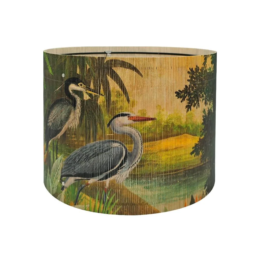 Cylindrical bamboo drum shade with heron print, 11.8 inches wide by 9.05 inches high, glossy finish