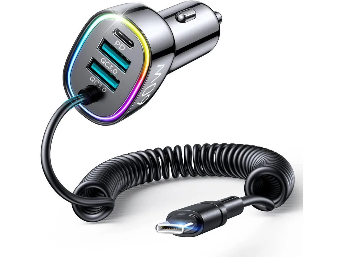 KEHIPI KEHIPI 60W 4-Port Car Charger with Extendable Coiled Type-C Cable — product photo