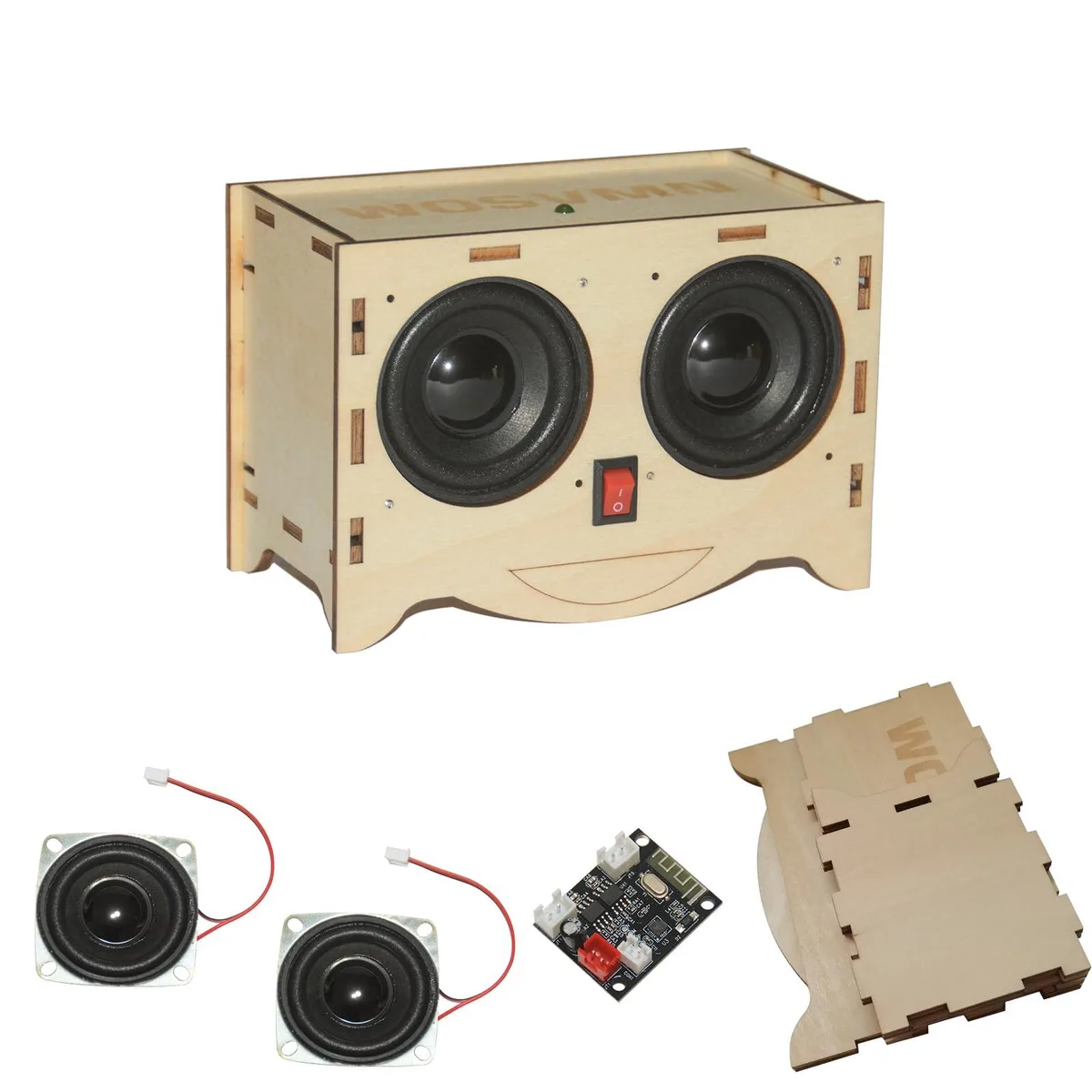 DIY Bluetooth speaker kit with laser-cut wood panels, circuit board and components in box