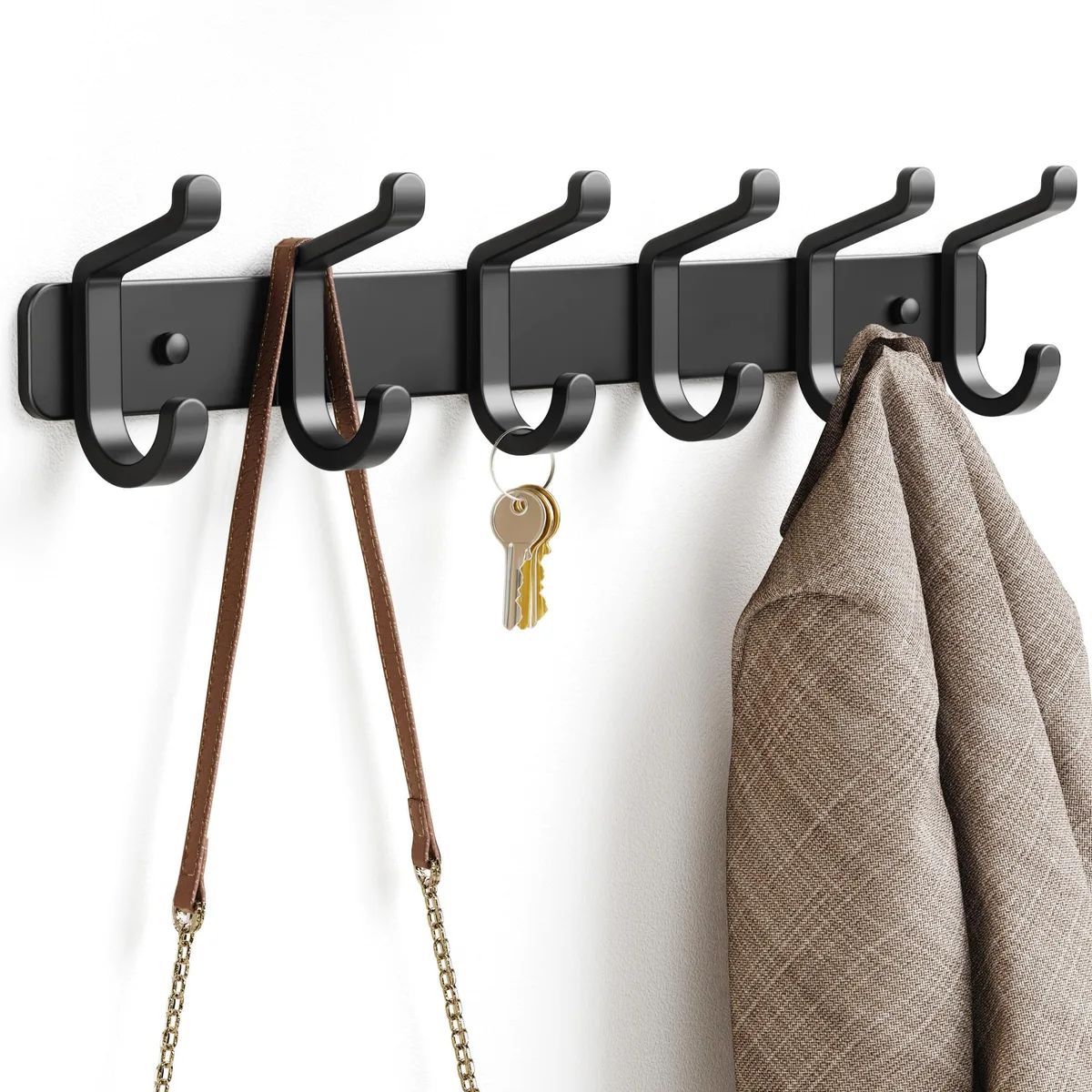 Wall-mounted black metal coat rack with six hooks