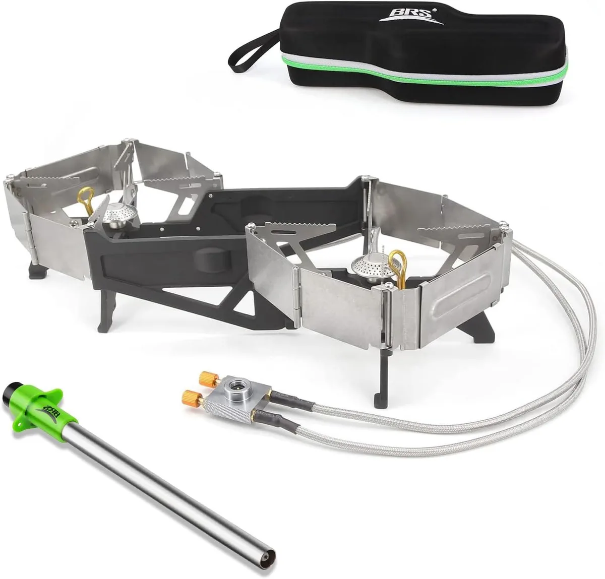 Silver folding camping stove with two burners, glass wind shields and electronic igniter