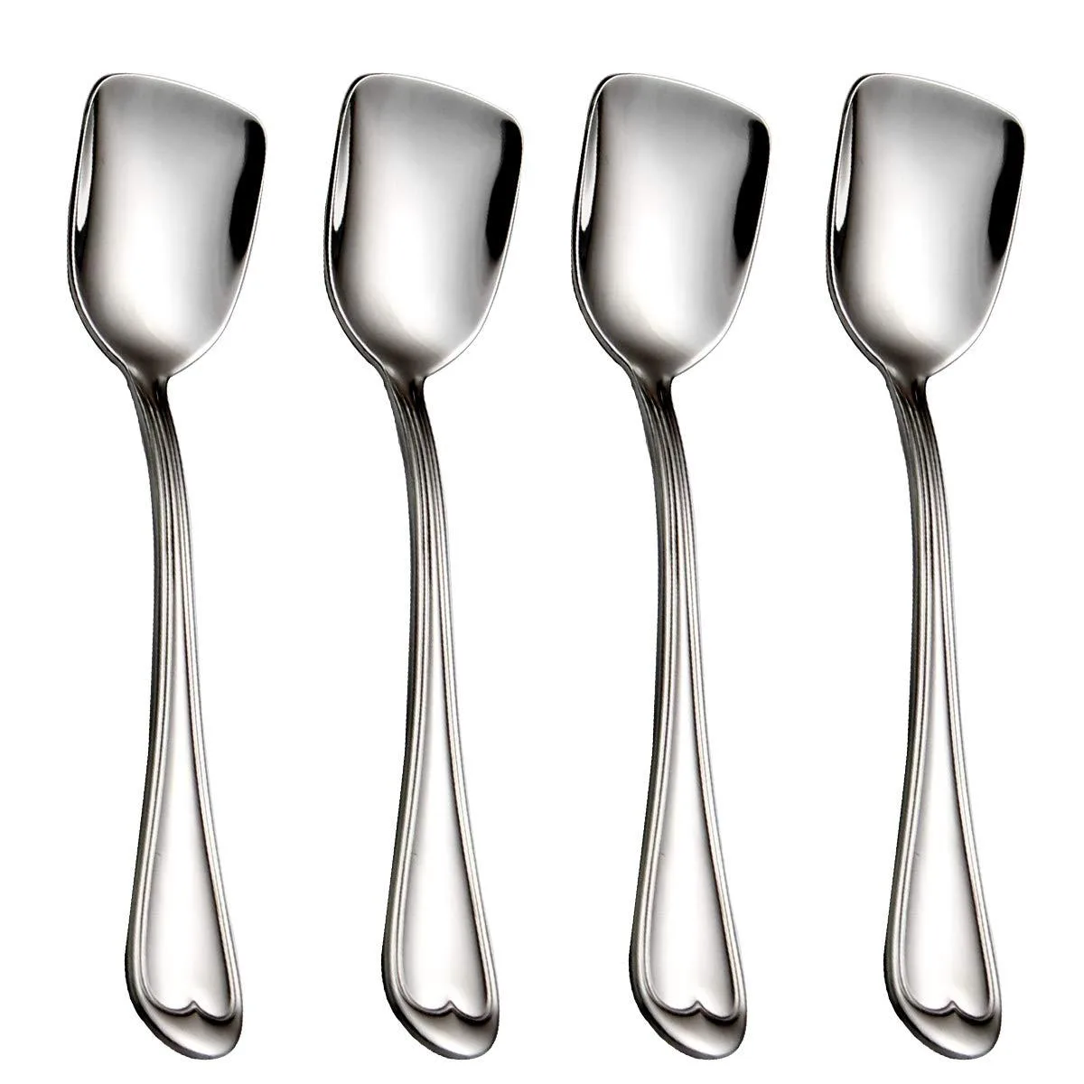 Fourteen stainless-steel dessert spoons with heart-shaped handles and mirror finish