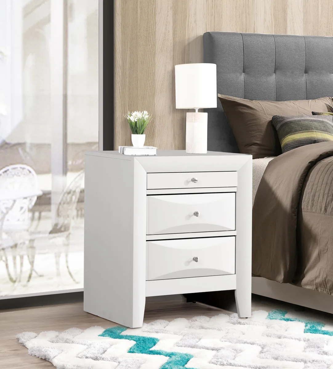 White nightstand with three curved-front drawers, particle board, 28H x 23W x 17D inches