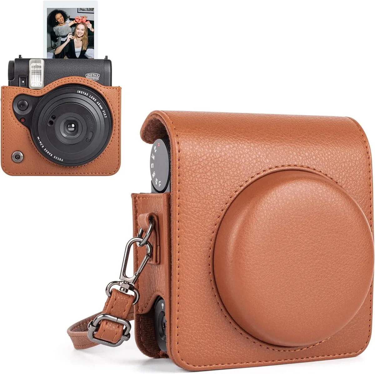 Brown synthetic leather camera case for Fujifilm Instax Mini 99 with adjustable shoulder strap