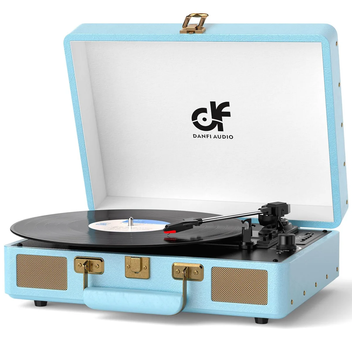 Blue suitcase-style turntable with carry handle and built-in speakers