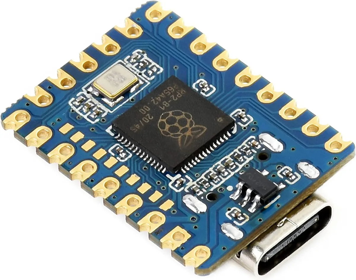 Small green development board with castellated edges and USB-C connector