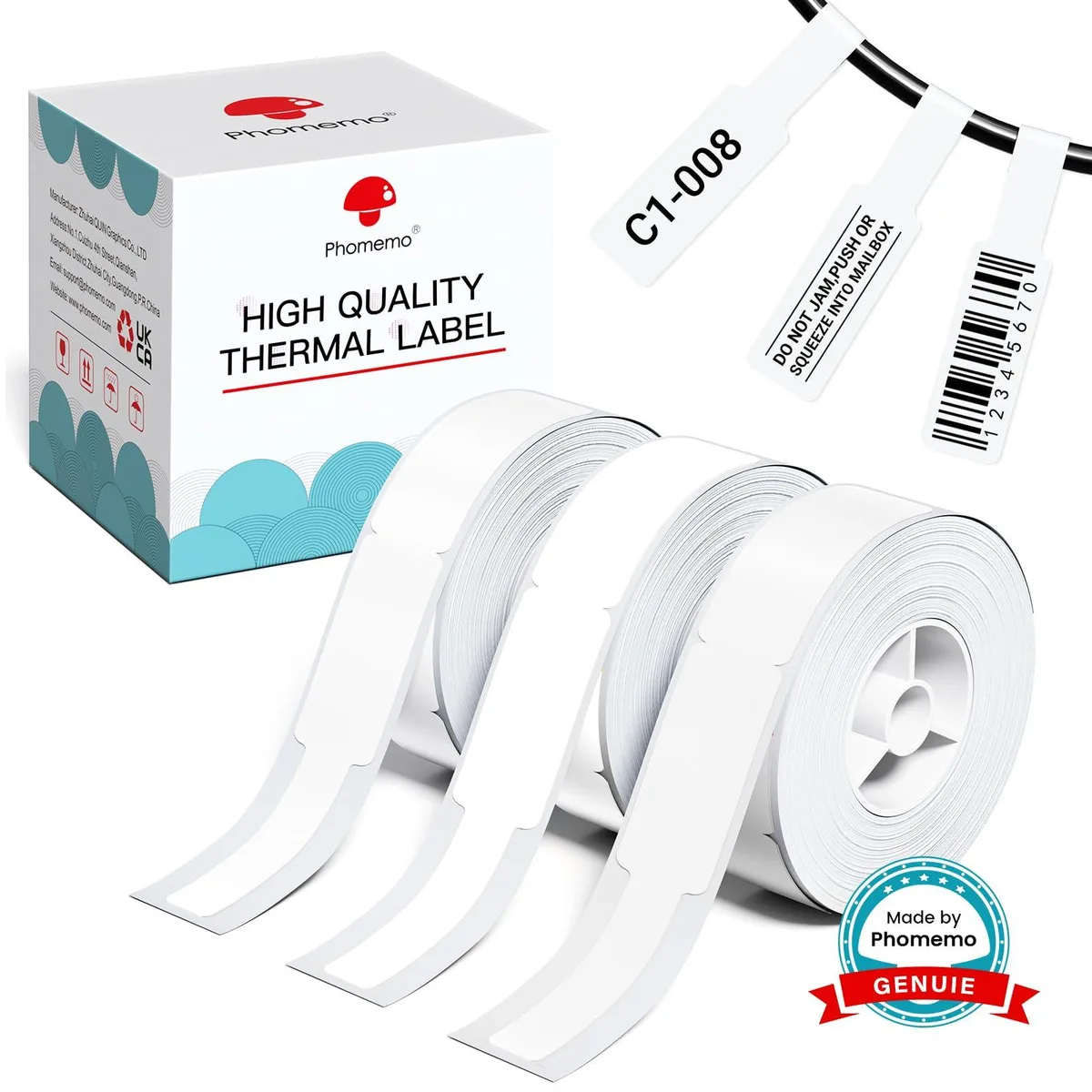 Box containing sixty-five rolls of glossy white thermal tape on black print core