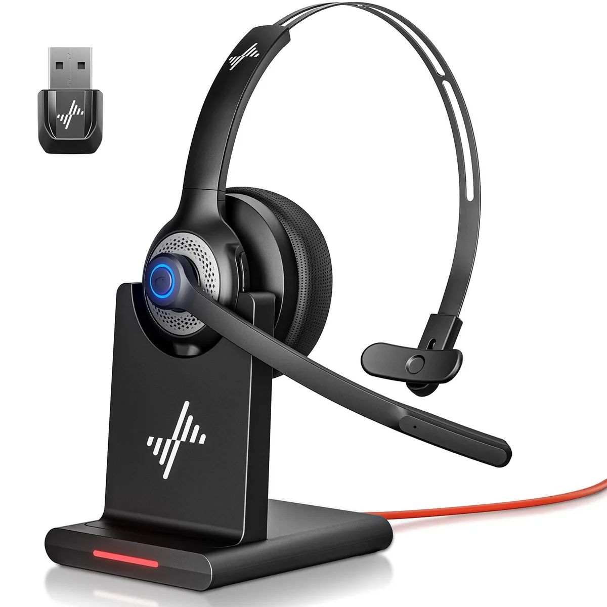 Black on-ear wireless headset with charging dock and USB dongle
