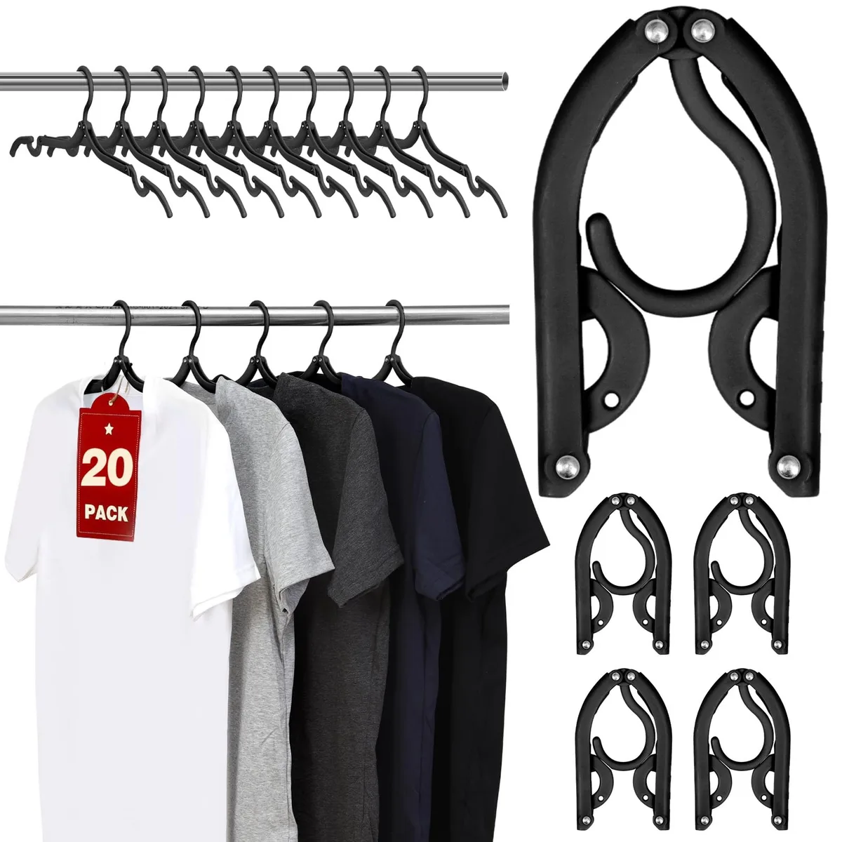 Twenty black foldable plastic travel hangers stacked together