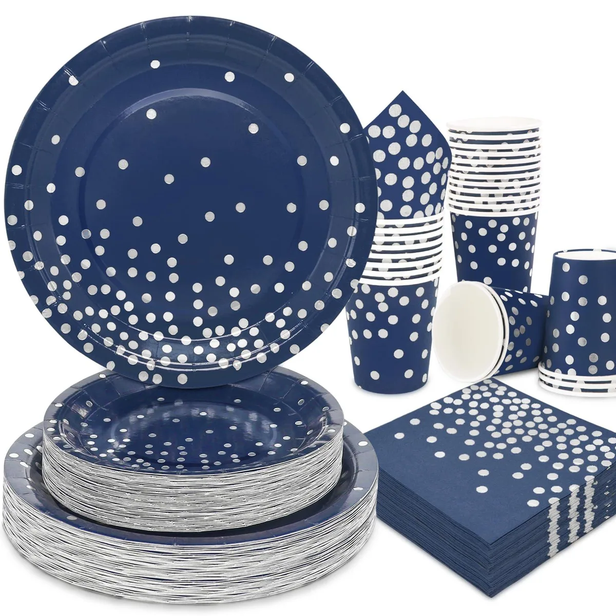 200-piece navy blue and silver disposable dinnerware set with plates cups and napkins