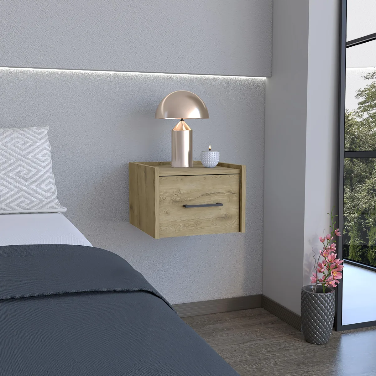 Wall-mounted nightstand in beige engineered wood with single drawer and top surface