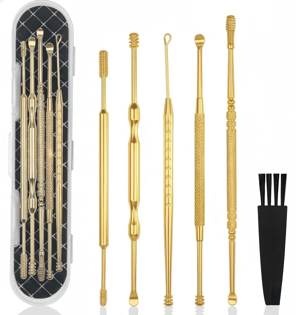 Gold 316L stainless steel ear cleaning kit with six double-headed picks brush and storage box